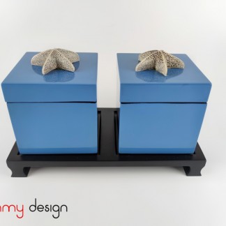 Set of 2 blue square boxes 9cm attached with stone starfish included with stand